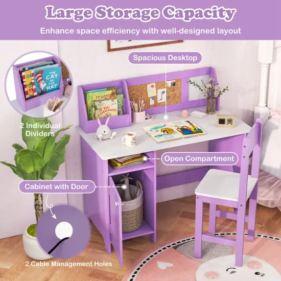 Costway Kids Study Desk with Chair, Whiteboard, Marker, Hutch, Storage Cabinet Purple/White {6}
