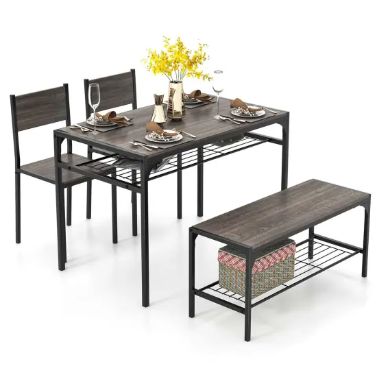 Costway Dining Table Set for 4 Rectangular Table with 2 Chairs, 1 Bench, Storage Racks Rustic Brown/Gray/Brown {8}