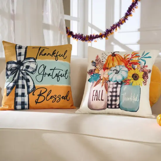 Fall Decorations for Home-Throw Pillow Covers 18x18 in Set of 4,Pumpkin Linen Pillow Case for Thanksgiving Couch Autumn Holiday Outdoor Burnt Orange Blue White Decor {3}