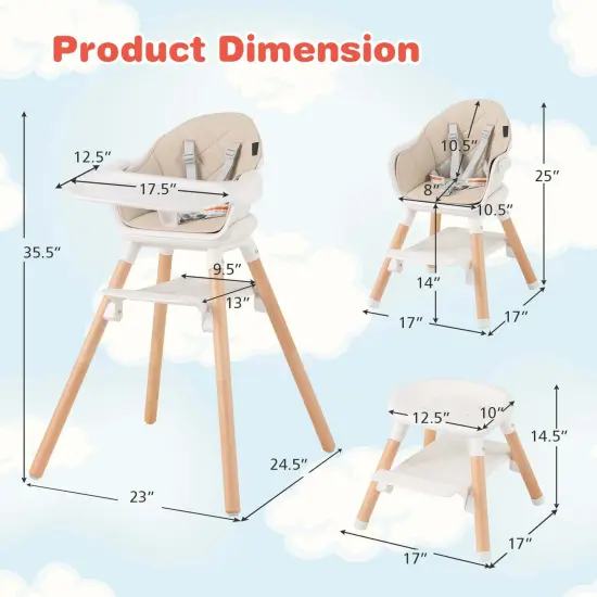 Costway 6-in-1 Convertible Wooden Baby Highchair Infant Feeding Chair with Removable Tray Black/Grey/Pink/White/Beige {3}