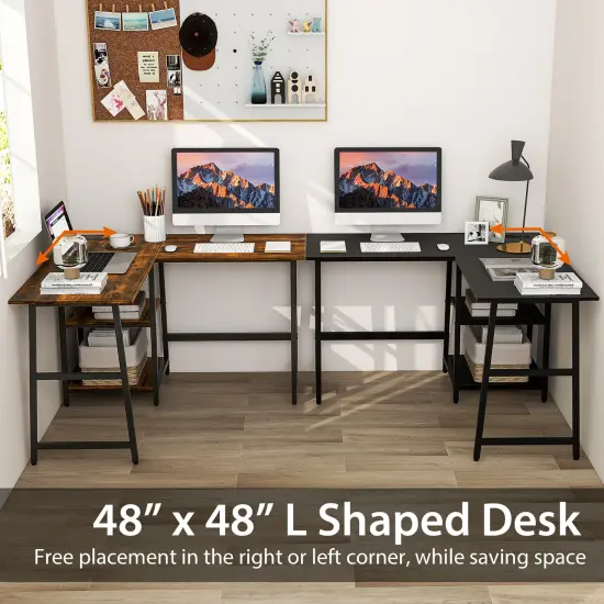 Costway L Shaped Corner Computer Desk Study Table w/Storage Shelves Black/Rustic Brown {6}
