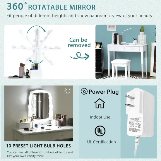 Costway Vanity Table Set with Lighted Mirror Adjustable 10 Bulbs Dresser 4 Drawer {5}