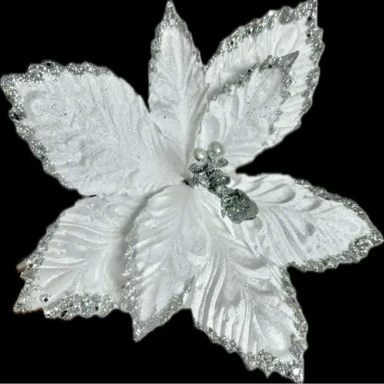 White and Silver Poinsettia Christmas Artificial Stems set of 3 {2}