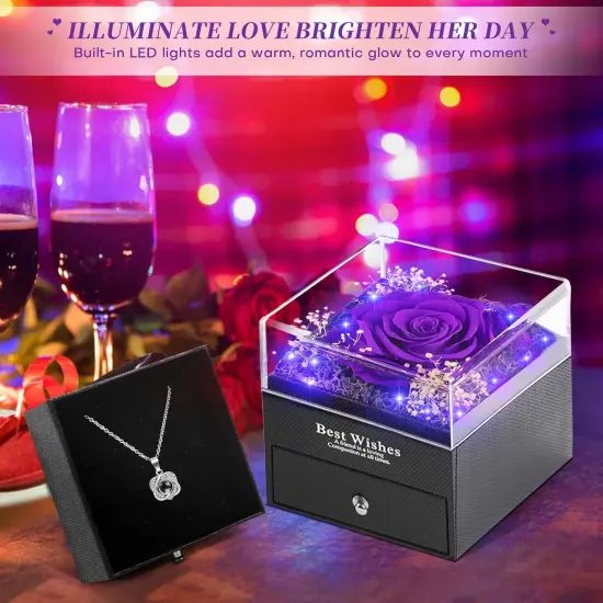 Lighted Preserved Real Rose with Heart Necklace - Violet {2}