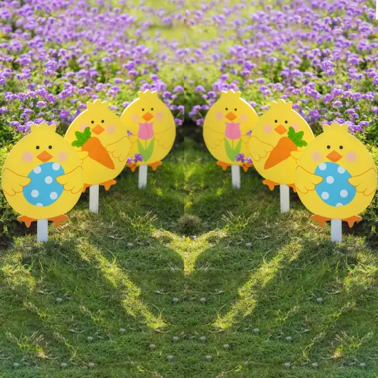 Set of 6 15"H Easter Wooden Chick Pick/Yard Stake {1}