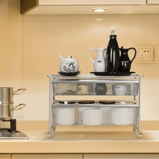 2-Tier Metal Under Sink Sliding Cabinet Basket Organizer Bathroom Storage Shelf {5}