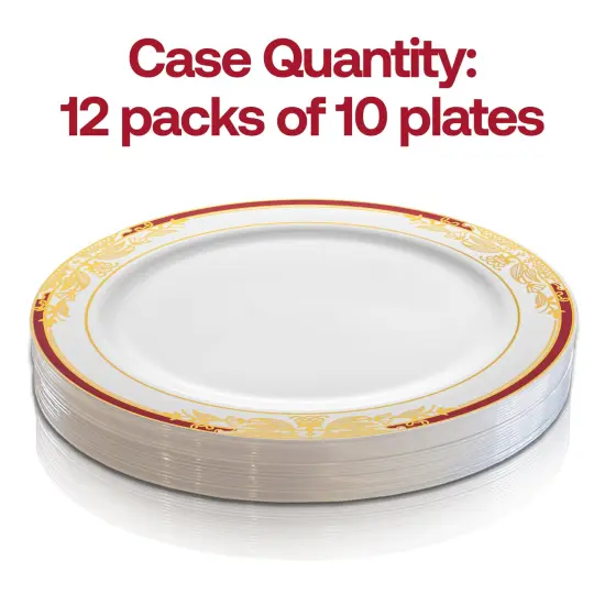 White with Burgundy and Gold Harmony Rim Plastic Appetizer/Salad Plates - 7.5" (120 Plates) {4}