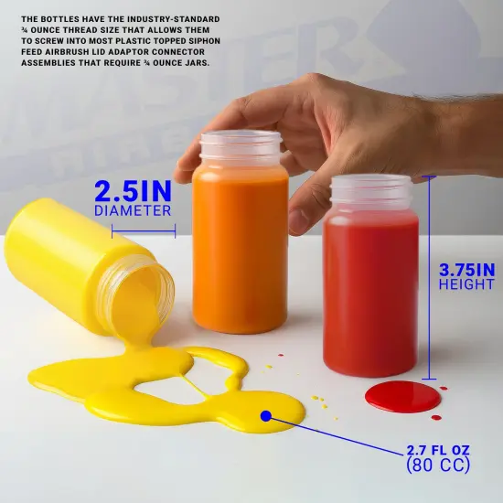 10 Pack Master Airbrush TB-008, 2.7oz Plastic Jar Bottles with 30° degrees Down Angle Adaptor Lid Assembly, Single-Action Siphon {6}