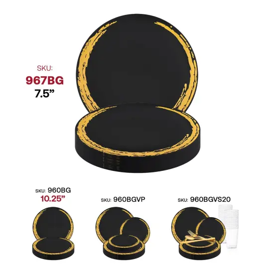 Black with Gold Moonlight Round Disposable Plastic Appetizer/Salad Plates - 7.5" (120 Plates) {6}