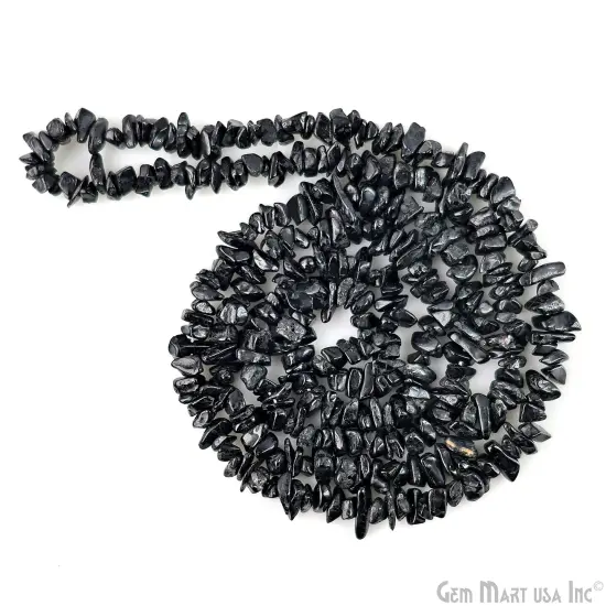 Black Tourmaline Chip Beads, 34 Inch, Natural Chip Strands, Drilled Strung Nugget Beads, 3-7mm, Polished, GemmartUSA (CHKT-70001) {5}