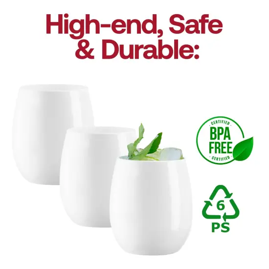 Solid White Elegant Stemless Plastic Wine Glasses - 12 oz. (64 Glasses) {4}