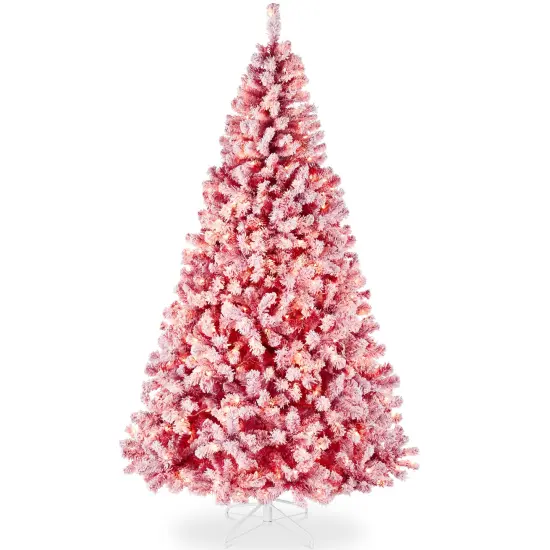 Best Choice Products Pre-Lit Red Christmas Pine Tree w/ Flocked Branches, Warm-White Lights {7}