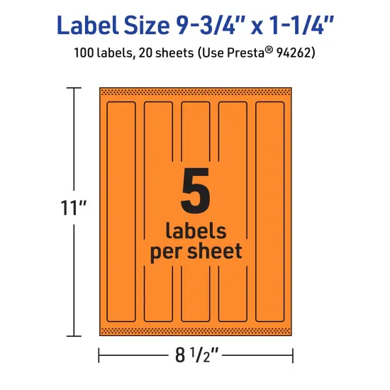 Avery Bright Orange Paper Labels, 9.75" x 1.25" Rectangle {5}