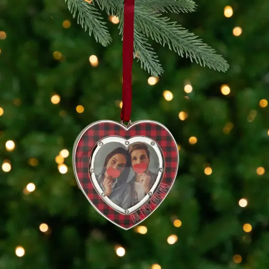 Northlight Buffalo Plaid Heart Shaped Picture Frame Christmas Ornament - 3" - Silver Finish Red {1}