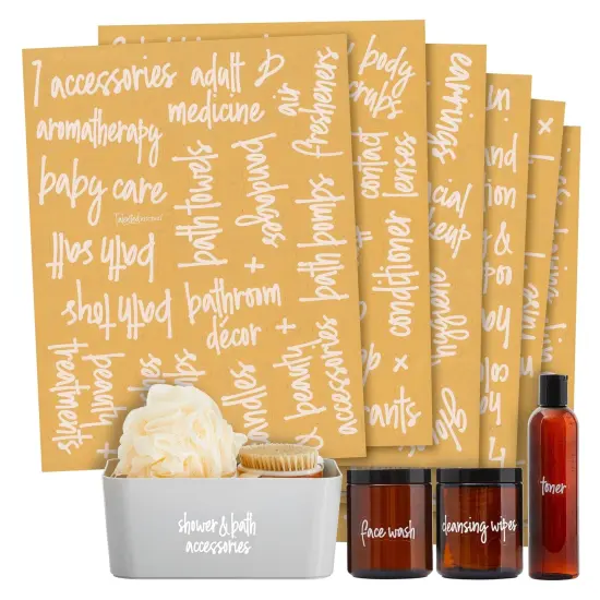 Talented Kitchen 192 Preprinted Bathroom Labels for Containers - White Script Stickers for Organizer Bins, Bath, Beauty Canisters, and Makeup Storage Organization (Water Resistant) {1}