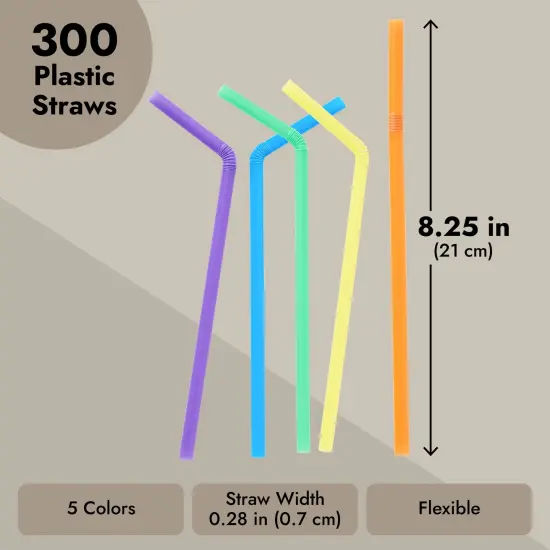 300 Pack Flexible Plastic Drinking Straws, Disposable Bendable Straws Bulk Set for Smoothies, 5 Colors (8.25 In) Multicolor {3}