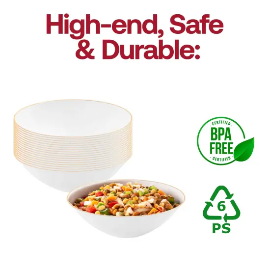 White with Gold Rim Organic Round Disposable Plastic Dessert Bowls - 6 oz. (120 Bowls) {4}