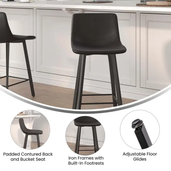 Merrick Lane Oretha Set of 2 Modern Upholstered Stools with Contoured, Low Back Bucket Seats and Iron Frames Black Faux Leather {4}