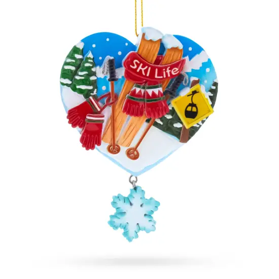 Ski Life Skis with Snowflake and Cable Car Resin Christmas Ornament {1}