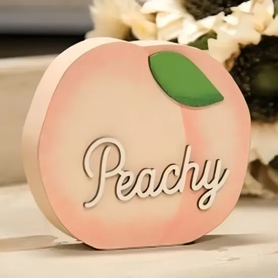 Peach Wooden Peachy Sitter with Raised Lettering and Leaf Accent {2}