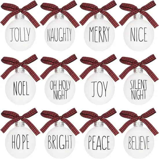 Set of 12 Christmas Ball Ornaments Shatterproof White Bulbs with Buffalo Plaid Bows Farmhouse Christmas Tree Decor Decorative Christmas Tree Hanging Ornaments {1}