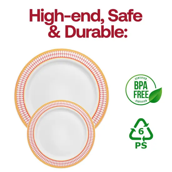 White with Red and Gold Chord Rim Plastic Appetizer/Salad Plates - 7.5" (120 Plates) {5}