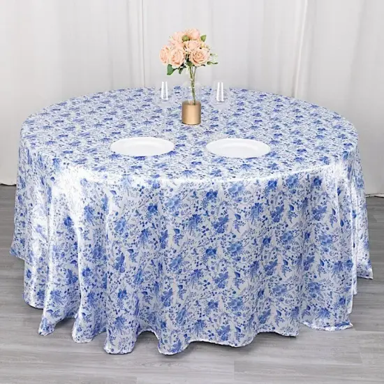 120 in White Satin Round TABLECLOTH Blue Floral Print Party Events Decorations {4}