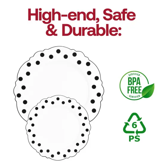 White with Black Dots Round Blossom Disposable Plastic Dinner Plates - 10.25" (120 Plates) {5}