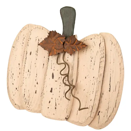 Northlight Rustic Wooden Fall Harvest Pumpkin with Leaves and Stem - 15" Beige {5}