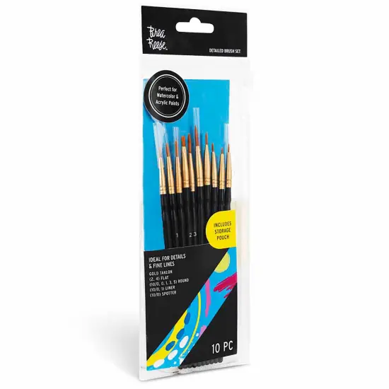 Brea Reese: Brush Set: Detailed Pack - 10pc - Gold Taklon Bristles, Storage Pouch, Perfect for Watercolor & Acrylic Paints, Adult Art Supplies {7}