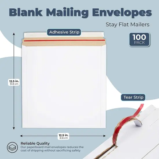White Rigid Mailing Envelopes, Stay Flat Mailers (12.5 x 12.5 Inches, 100 Pack) {2}