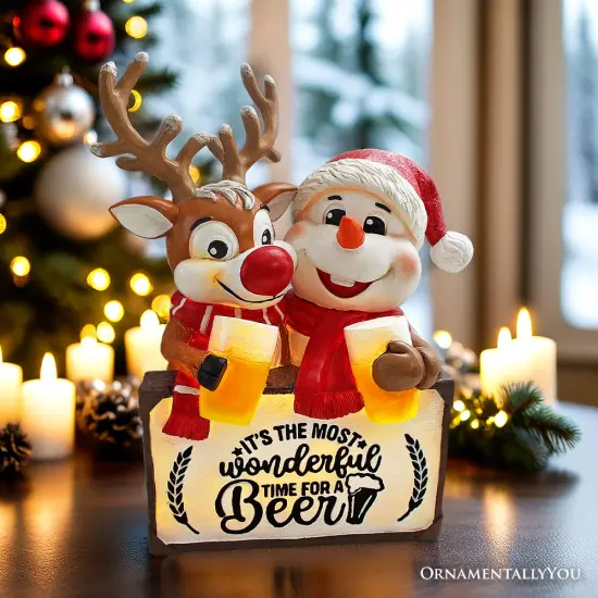 It's the Most Wonderful Time for a Beer Festive Figurine, 8" Snowman and Reindeer Christmas Party Statue {1}