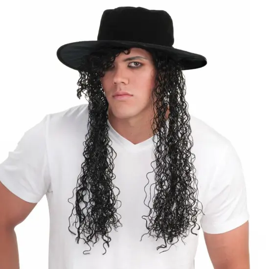 80's Adult Hat And Black Long Curly Costume Wig {1}
