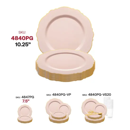 Pink with Gold Rim Round Blossom Disposable Plastic Dinner Plates - 10.25" (120 Plates) {6}