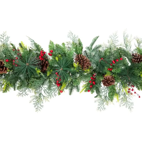 Northlight Mixed Pine with Berries Artificial Christmas Garland- 10' x 15" - Unlit Green {6}