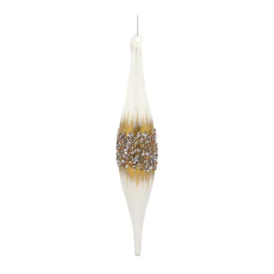 Melrose Sequin Glass Christmas Finial Drop Ornaments - 10.75" (270mm) - White and Gold - 12ct {4}