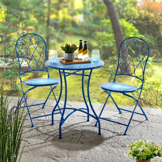 Set of 3 Outdoor Metal and Ceramic Tile Blue Folding Bistro Set {2}