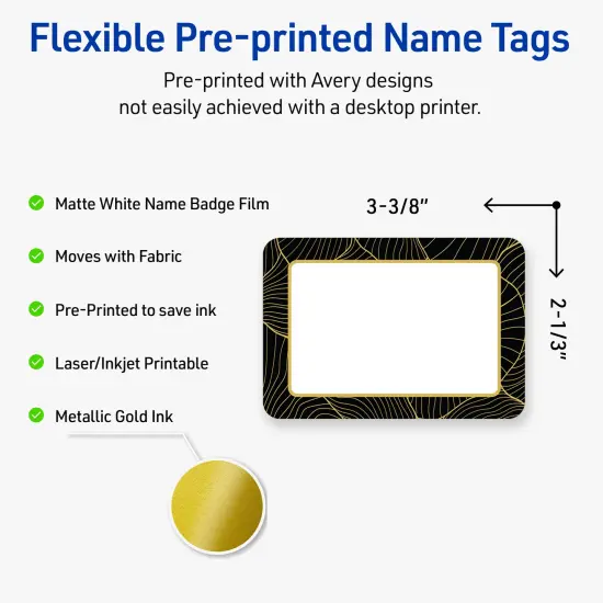 Avery Printable Rectangle Adhesive Name Badges, Pre-Printed Black Border with Gold Pattern, Matte White, 2-1/3" x 3-3/8", Laser & Inkjet Compatible, 80 Total, Great for Branding, Marketing, and Events {2}