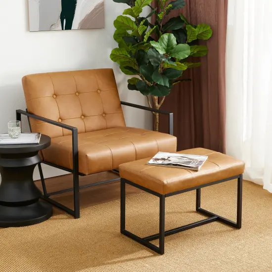 Set of 2 Modern Hunter Thick Leatherette Accent Chair & Accent Stool Camel {2}