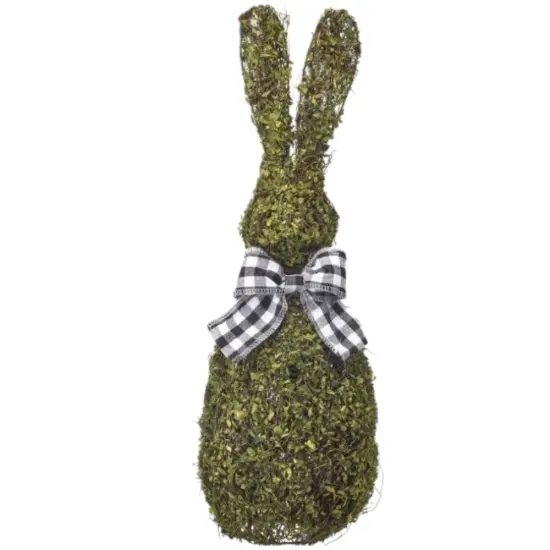 21" Moss Bunny Figurine with Gingham Bow – Rustic Easter Spring Decoration {1}