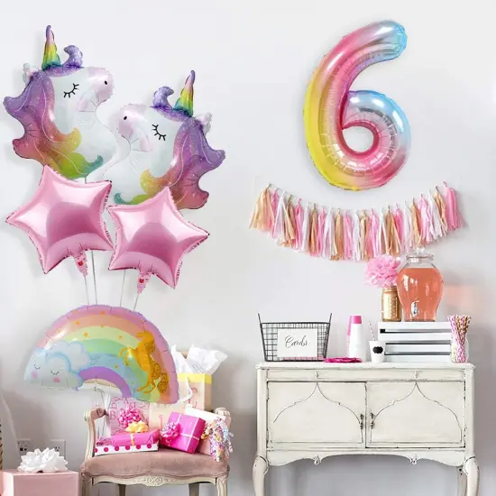 Unicorn Birthday Decorations for Girls 6th Birthday- Bouquet of Unicorn Mylar Balloons for Rainbow Unicorn Party Supplies (Number 6) {3}