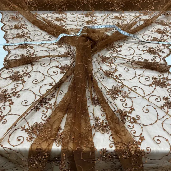 1 Yard Beaded Lace Fabric Embroidered Pearl Sequin Tulle Mesh Dress 52" Width Brown {3}