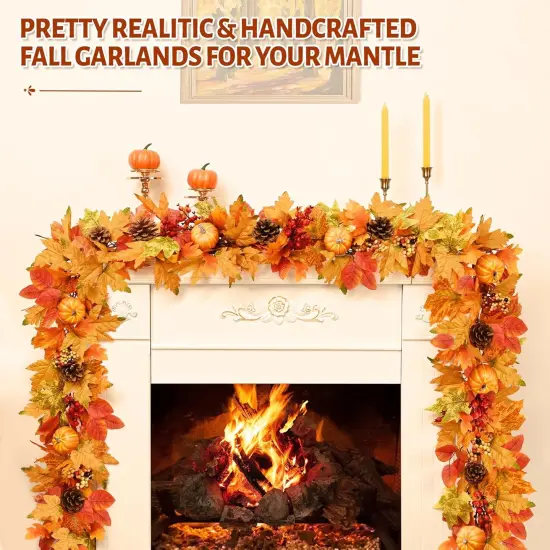 5.9 FT Fall Garland Pumpkins, Pinecones Berries & Maple Leaves with Lights - 1 PC {2}
