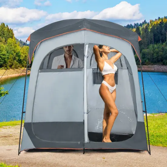 Goplus 2 Room Shower Tent Oversize Privacy Shelter Portable Dressing Toilet Outdoor Gray/Blue/Brown {2}
