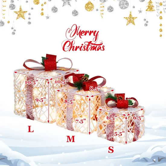 Costway Set of 3 Christmas Lighted Gift Boxes, Indoor Present Box Holiday Decoration {2}