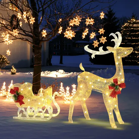 Costway Lighted Christmas Reindeer & Sleigh, Outdoor & Indoor Decoration W/ 100 Lights {2}