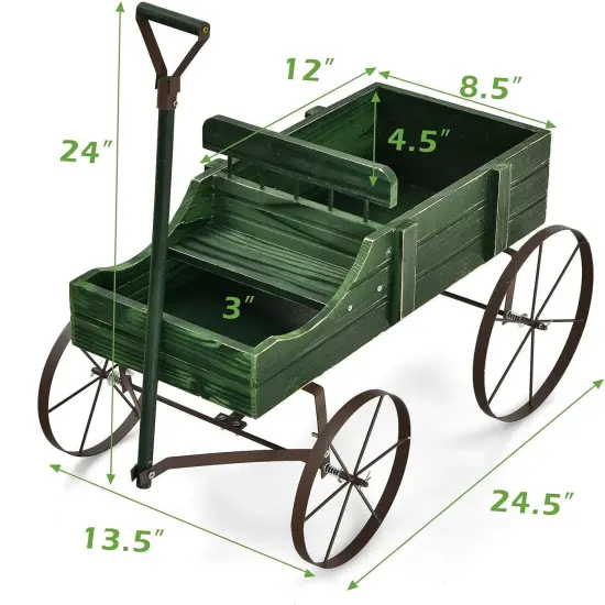 Wooden Garden Wagon Planter with Handle & Wheels Green {5}