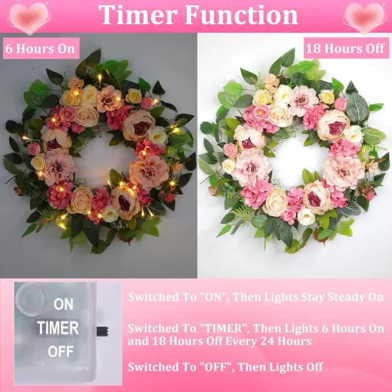 Peony Floral Wreath 22" Spring Wreaths for Front Door & Lights Timer Large Pink Peonies {5}
