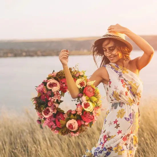 Artificial Peony Flower Wreath 19Inch Vintage Blooming Silk Peonies Spring {3}