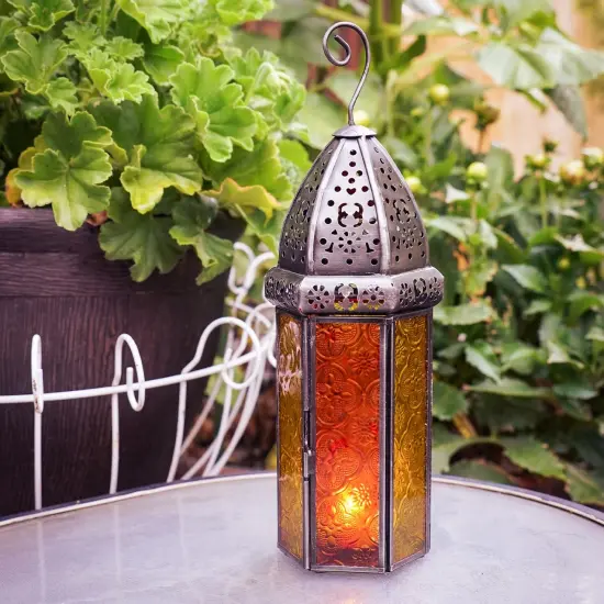 In the Breeze 9214 &mdash; Orange & Yellow Large Hex Tealight Lantern &mdash; Moroccan-Style Boho Chic Tealight Glass and Metal Tabletop Lantern {2}